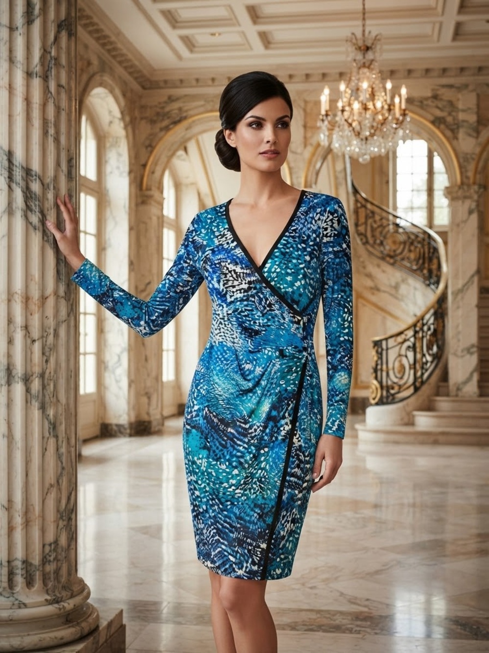 Calvin Klein Blue Teal Printed Wrap-Effect Long-Sleeve Dress